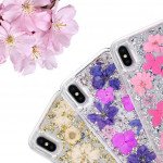 Wholesale iPhone Xr 6.1in Luxury Glitter Dried Natural Flower Petal Clear Hybrid Case (Silver Pink)